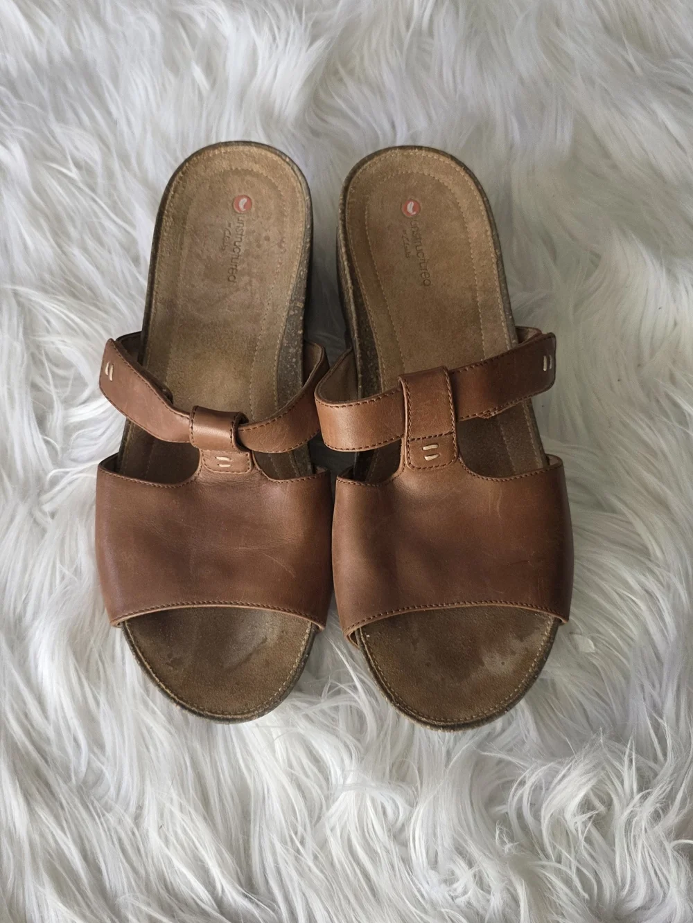 Clarks Brown Leather Wedge Slide Sandals